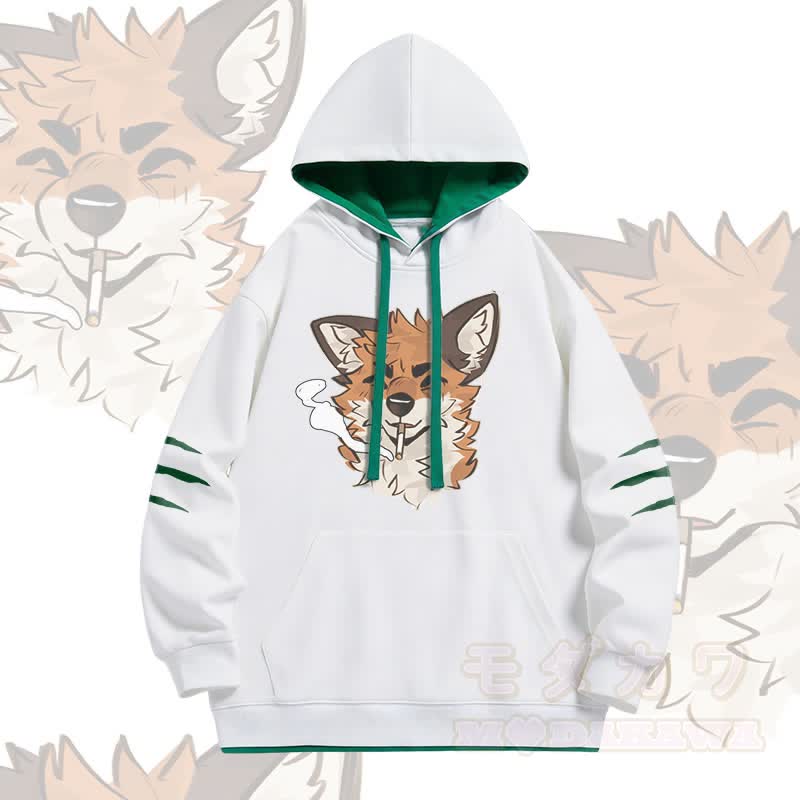 MODAKAWA X atka Fox Smoking Graphic Oversized Contrast Lining Pullover Hoodie - White - 4XL - image 2