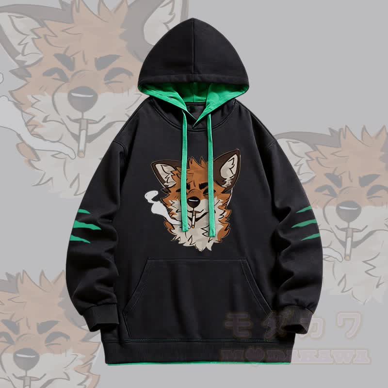MODAKAWA X atka Fox Smoking Graphic Oversized Contrast Lining Pullover Hoodie - Black - 4XL - image 1