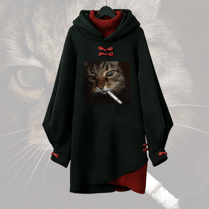 Smoking Cat Graphic Modakawa Buckle Vintage Hooded Sweatshirt Dress - Red - 3XL - image 1