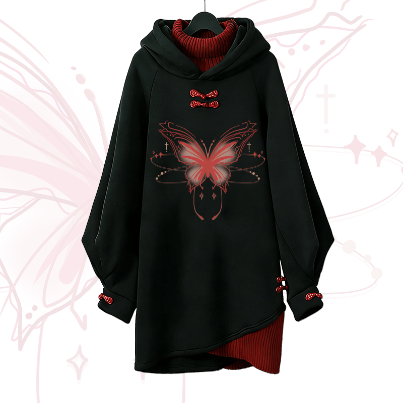 Glowing Butterfly Graphic Modakawa Buckle Vintage Hooded Sweatshirt Dress - Red - 3XL - image 1