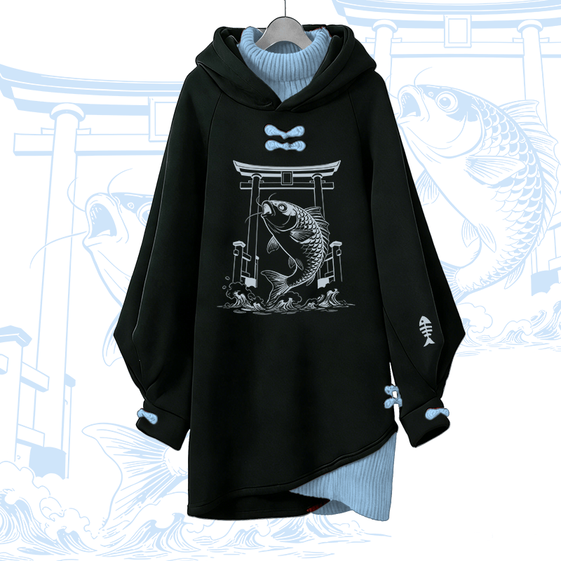 Jumping Fish Modakawa Buckle Vintage Hooded Sweatshirt Dress - Blue - 3XL - image 1