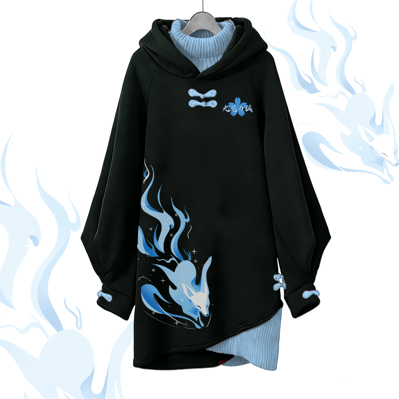 Running Nine-Tailed Fox Graphic Modakawa Buckle Vintage Hooded Sweatshirt Dress - Blue - 3XL - image 1