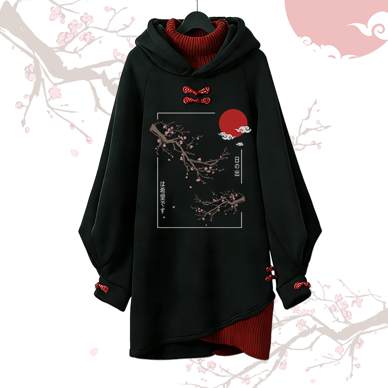 Plum Blossom Graphic Modakawa Buckle Vintage Hooded Sweatshirt Dress - Red - 3XL - image 1