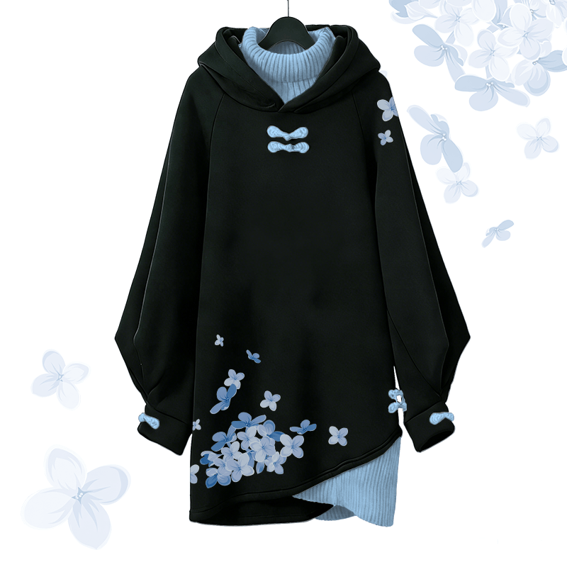 Cherry Blossom Graphic Modakawa Buckle Vintage Hooded Sweatshirt Dress - Blue - 3XL - image 1
