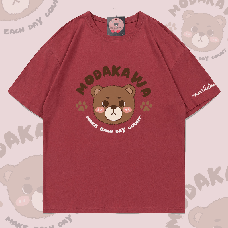 MAKE EACH DAY COUNT Bear Graphic Modakawa Cotton T-shirt - Red - 5XL - image 1