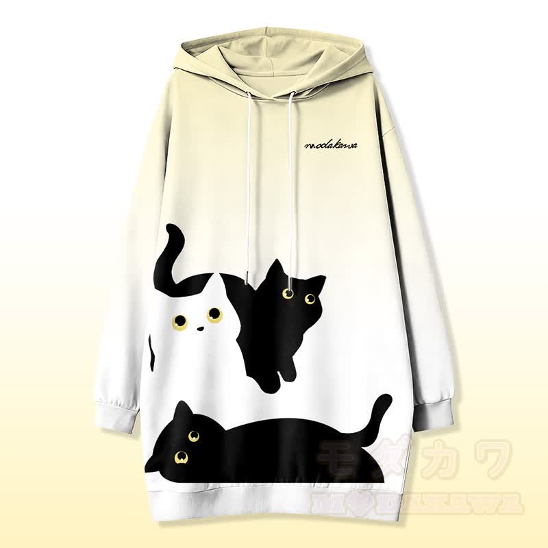 Curious Cat Graphic Modakawa Hooded Sweatshirt Dress With Side Pockets - Yellow - 4XL - image 2