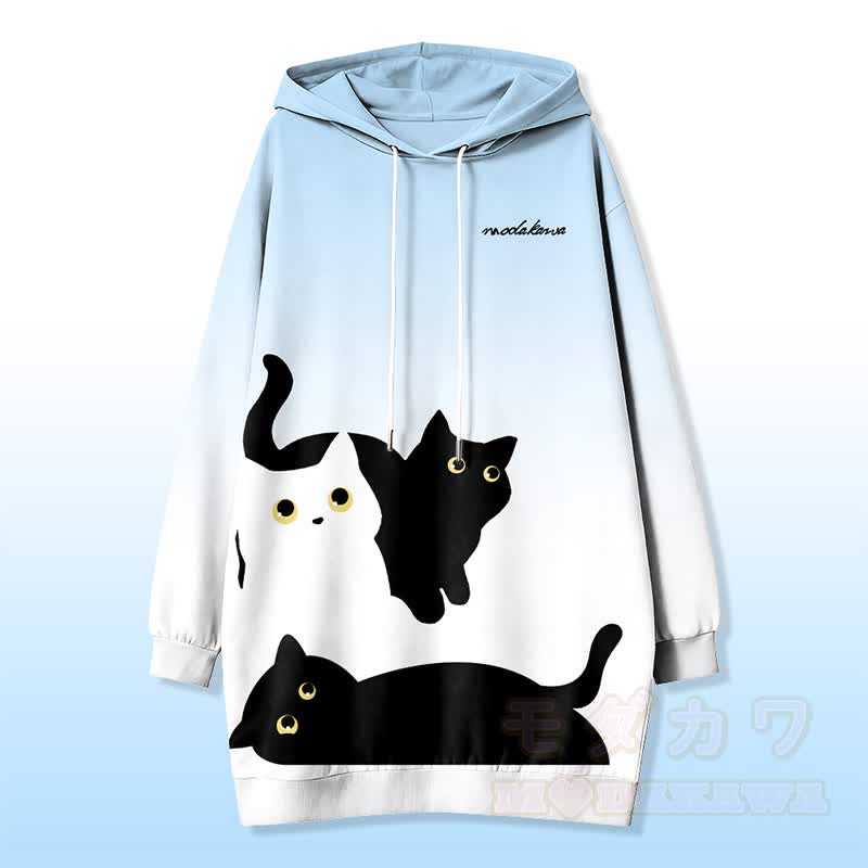 Curious Cat Graphic Modakawa Hooded Sweatshirt Dress With Side Pockets - Blue - 4XL - image 1