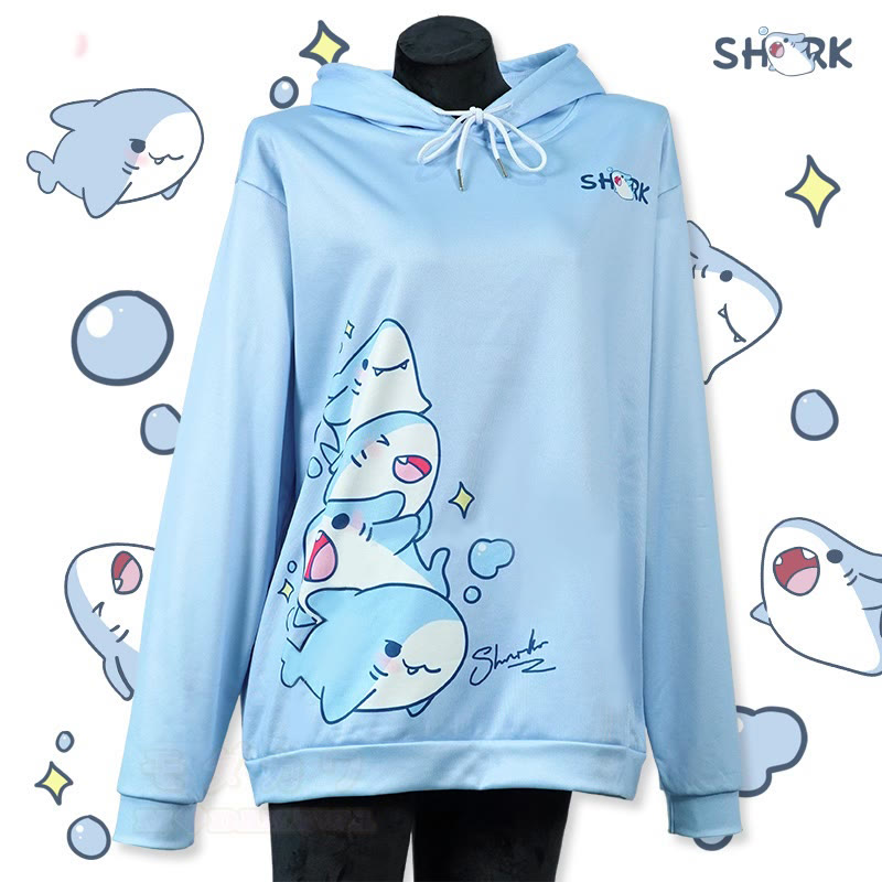 Modakawa Shark Letter Print Loose Hoodie - Blue - 6XL - image 1