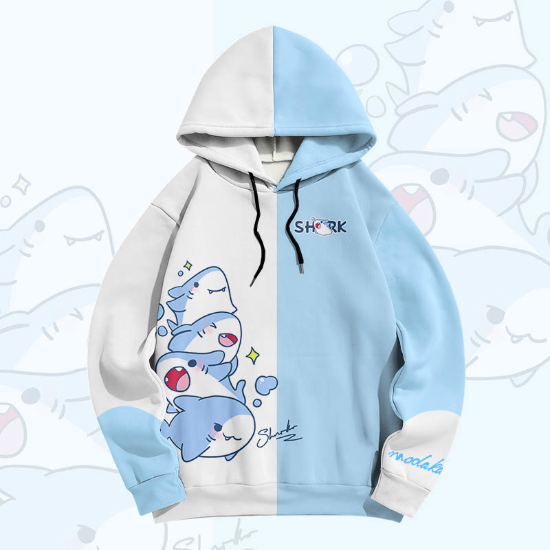 MODAKAWA Color Block Playful Shark Graphic All Over Print Pullover Hoodie - White&Blue - 6XL - image 2