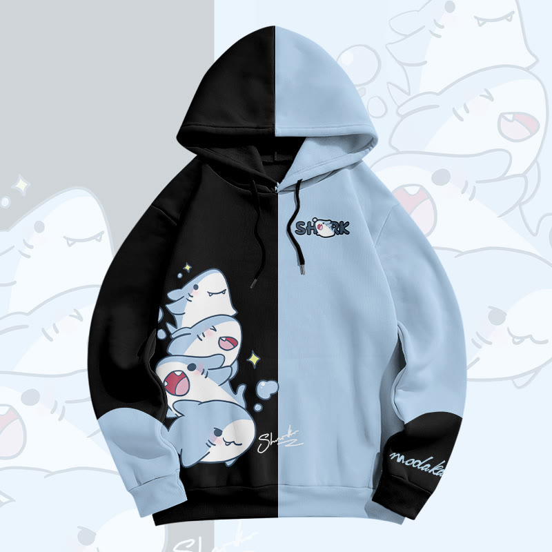 MODAKAWA Color Block Playful Shark Graphic All Over Print Pullover Hoodie - Black&Blue - 6XL - image 1