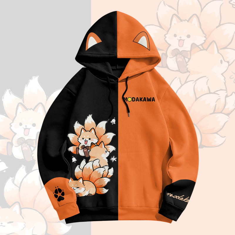 MODAKAWA Color Block Nine-tailed Fox Graphic All Over Print Pullover Hoodie - Black&Orange - 6XL - image 2