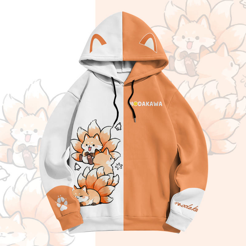 MODAKAWA Color Block Nine-tailed Fox Graphic All Over Print Pullover Hoodie - White&Orange - 6XL - image 1
