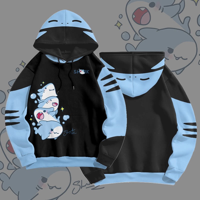 MODAKAWA Playful Shark Graphic All Over Print Pullover Hoodie - Black - 6XL - image 1