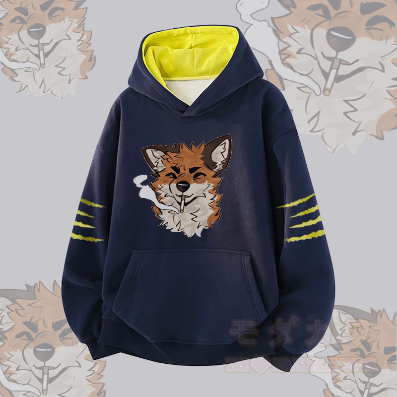MODAKAWA X atka Fox Smoking Graphic Contrast Lining Pullover - Purplish Blue - 3XL - image 2