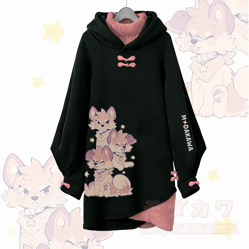 MODAKAWA X popipeko Playful Puppy Graphic Buckle Vintage Hooded Sweatshirt Dress - Black & Pink - 3XL - image 1
