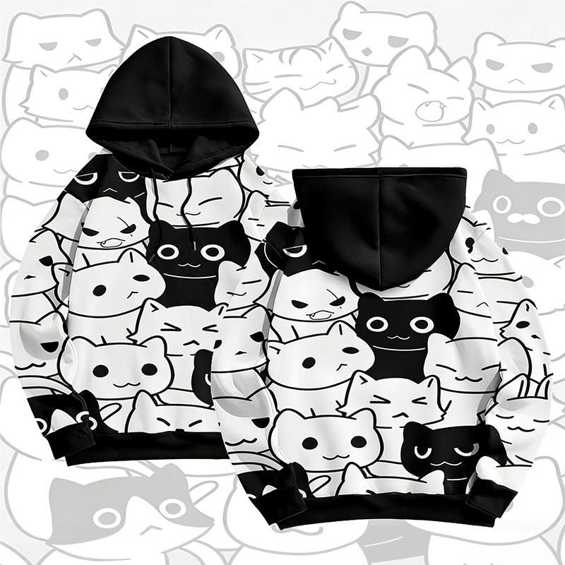 MODAKAWA Cat Crowd Graphic All Over Print Pullover Hoodie - Black - 6XL - image 2