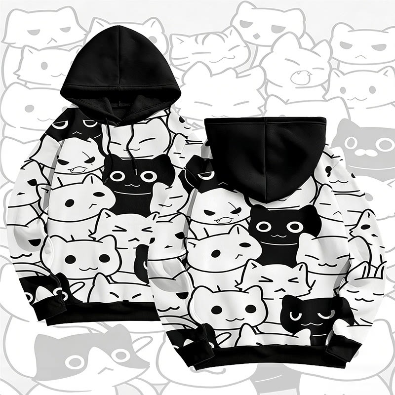 MODAKAWA Cat Crowd Graphic All Over Print Pullover Hoodie - Black - 6XL - image 2