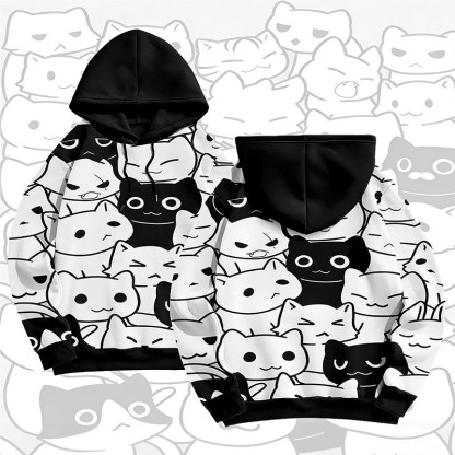 MODAKAWA Cat Crowd Graphic All Over Print Pullover Hoodie - Black - 6XL - image 2
