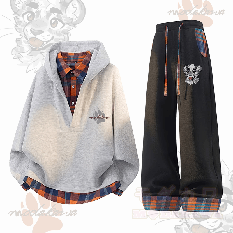MODAKAWA X atka Cheeky Tiger Face Graphic Plaid Hoodie Pants Two Pieces Set - Grey & Black - 3XL - image 2
