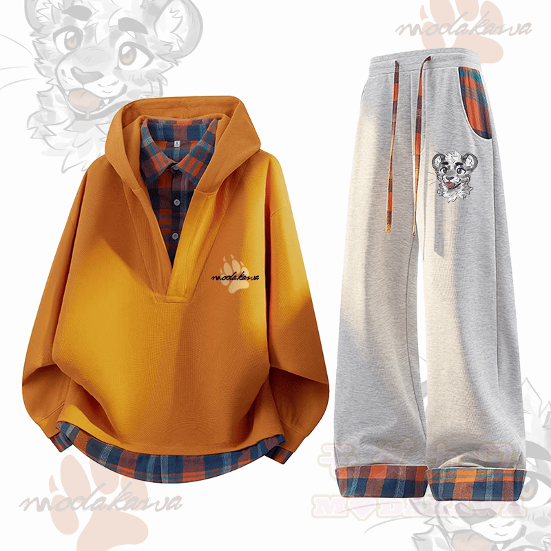 MODAKAWA X atka Cheeky Tiger Face Graphic Plaid Hoodie Pants Two Pieces Set - Orange & Grey - 3XL - image 3