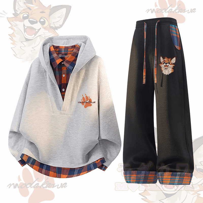 MODAKAWA X atka Cheerful Fox Graphic Plaid Hoodie Pants Two Pieces Set - Grey & Black - 3XL - image 2