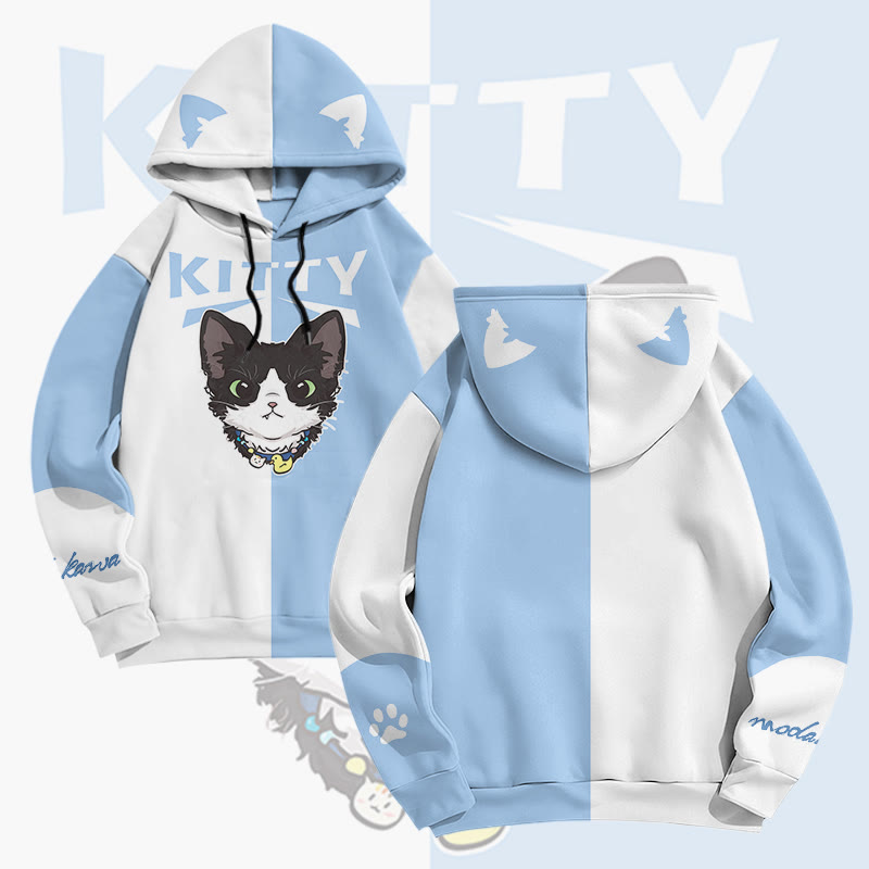 MODAKAWA Cute Kitty Graphic All Over Print Pullover Hoodie - Blue - 6XL - image 1