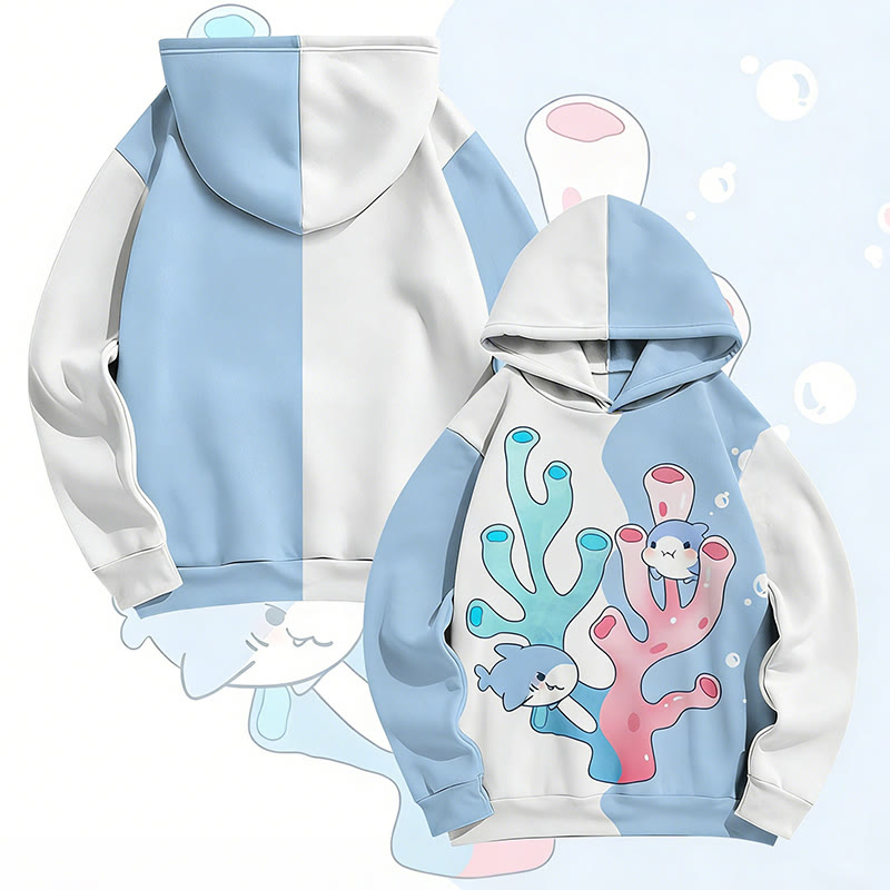 MODAKAWA Shark Swimming Among Corals Graphic All Over Print Pullover Hoodie - White&Blue - 6XL - image 2