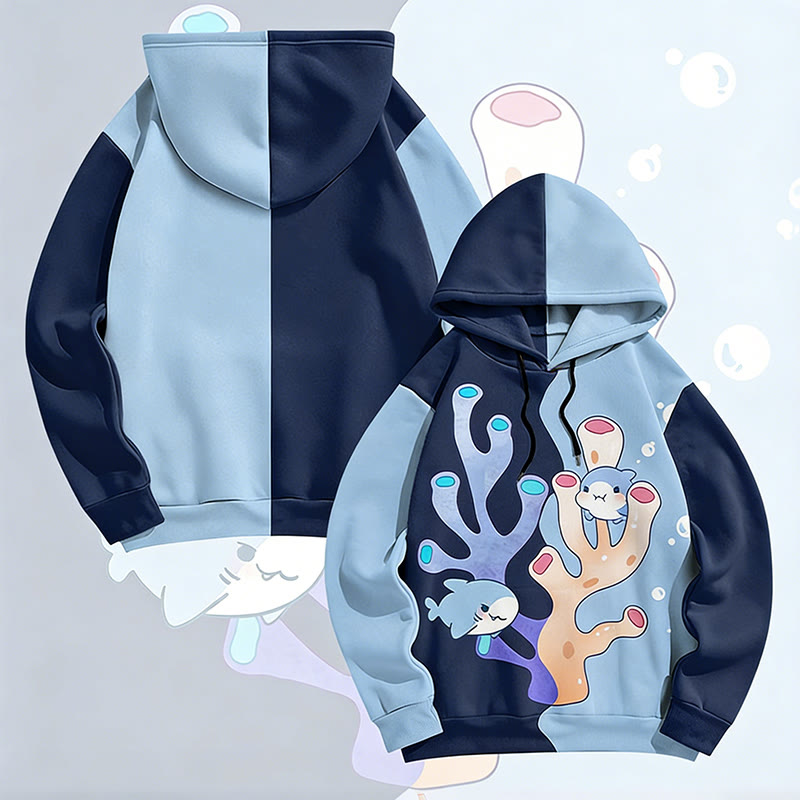 MODAKAWA Shark Swimming Among Corals Graphic All Over Print Pullover Hoodie - Dark Blue&Blue - 6XL - image 1