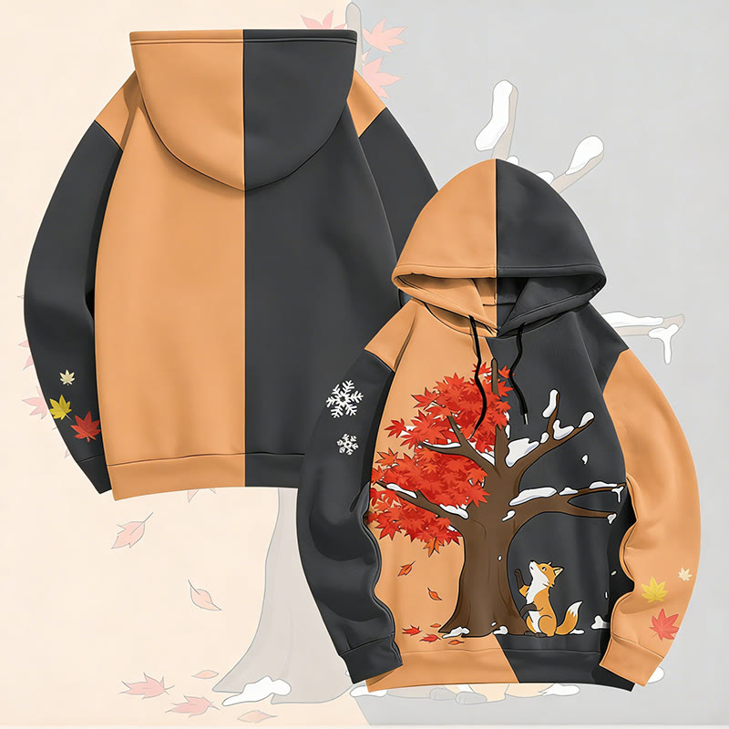 MODAKAWA Fox Under the Maple Tree Graphic All Over Print Pullover Hoodie - Orange&Grey - 6XL - image 2