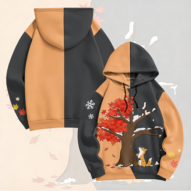 MODAKAWA Fox Under the Maple Tree Graphic All Over Print Pullover Hoodie - Orange&Grey - 6XL - image 2