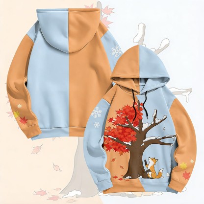 MODAKAWA Fox Under the Maple Tree Graphic All Over Print Pullover Hoodie - Orange&Blue - 6XL - image 1