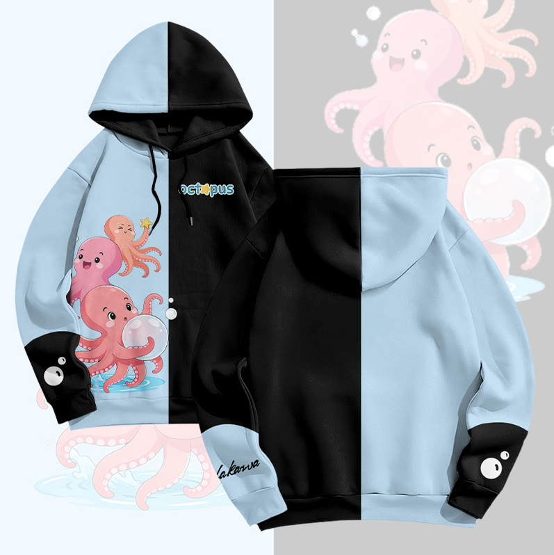 MODAKAWA Happy Octopus Graphic All Over Print Pullover Hoodie - Blue&Black - 6XL - image 2