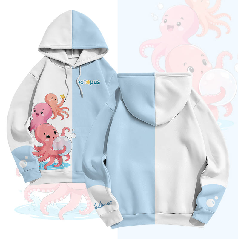 MODAKAWA Happy Octopus Graphic All Over Print Pullover Hoodie - White&Blue - 6XL - image 1