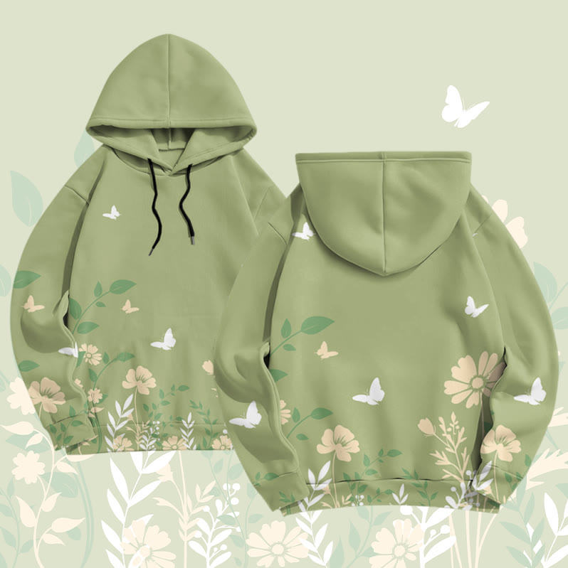MODAKAWA Flower and Butterfly Graphic All Over Print Pullover Hoodie - Green - 6XL - image 2