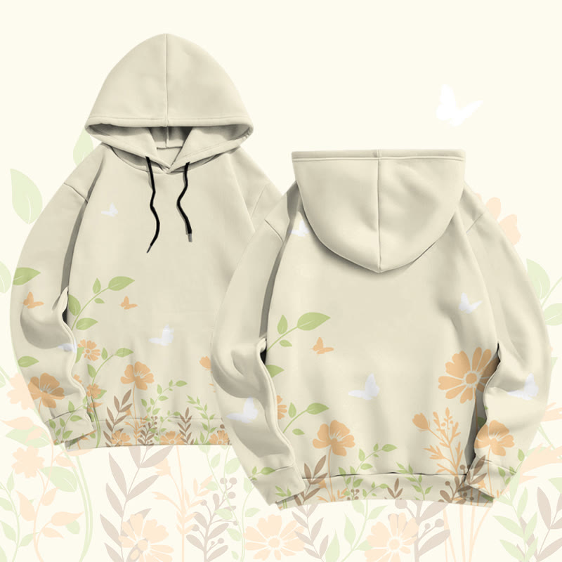 MODAKAWA Flower and Butterfly Graphic All Over Print Pullover Hoodie - Beige - 6XL - image 1