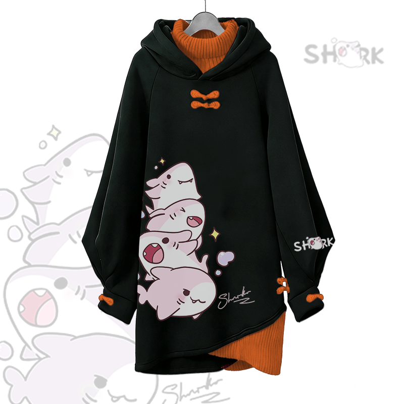 Playful Shark Graphic Modakawa Buckle Vintage Hooded Sweatshirt Dress - Black C - 3XL - image 3