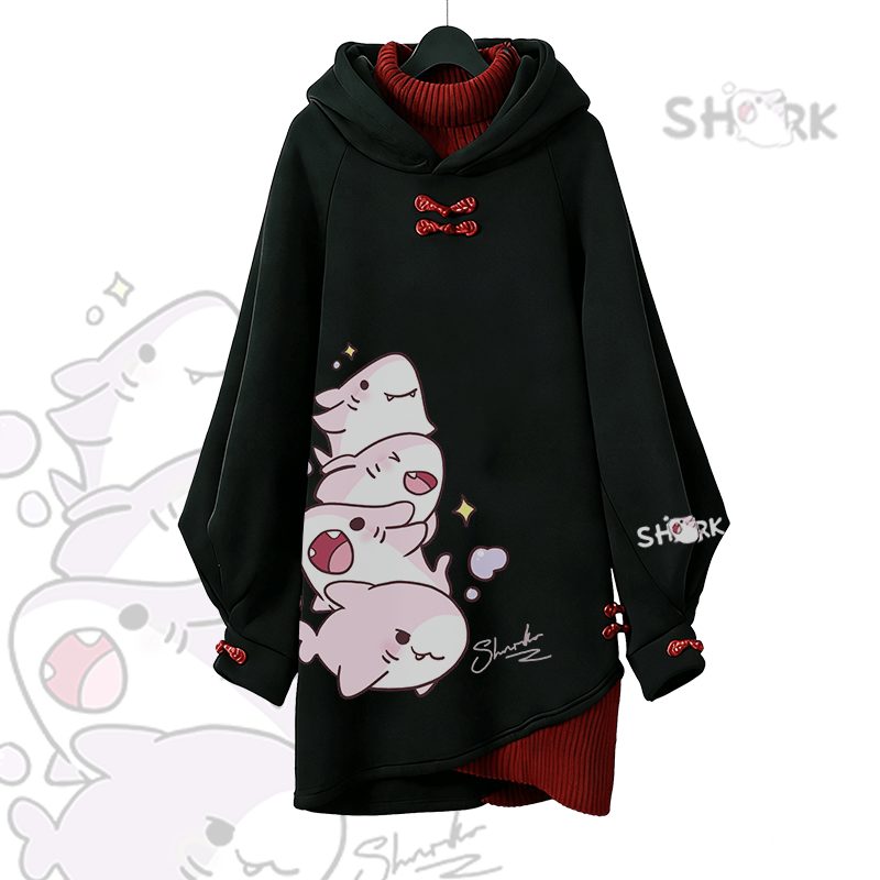 Playful Shark Graphic Modakawa Buckle Vintage Hooded Sweatshirt Dress - Black B - 3XL - image 2