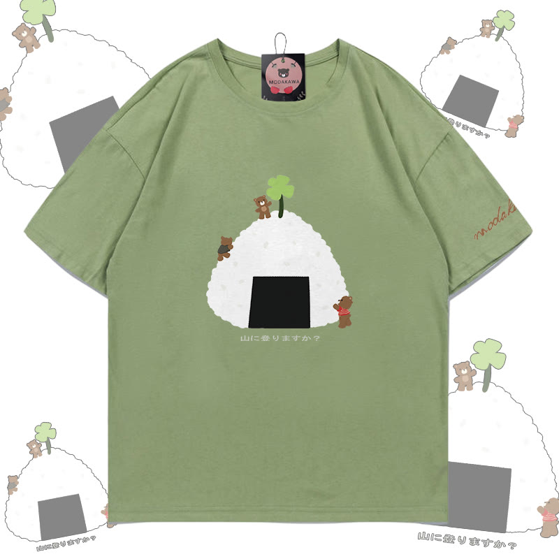 Rice Ball Bear Graphic Modakawa Cotton T-shirt - Green - 5XL - image 1