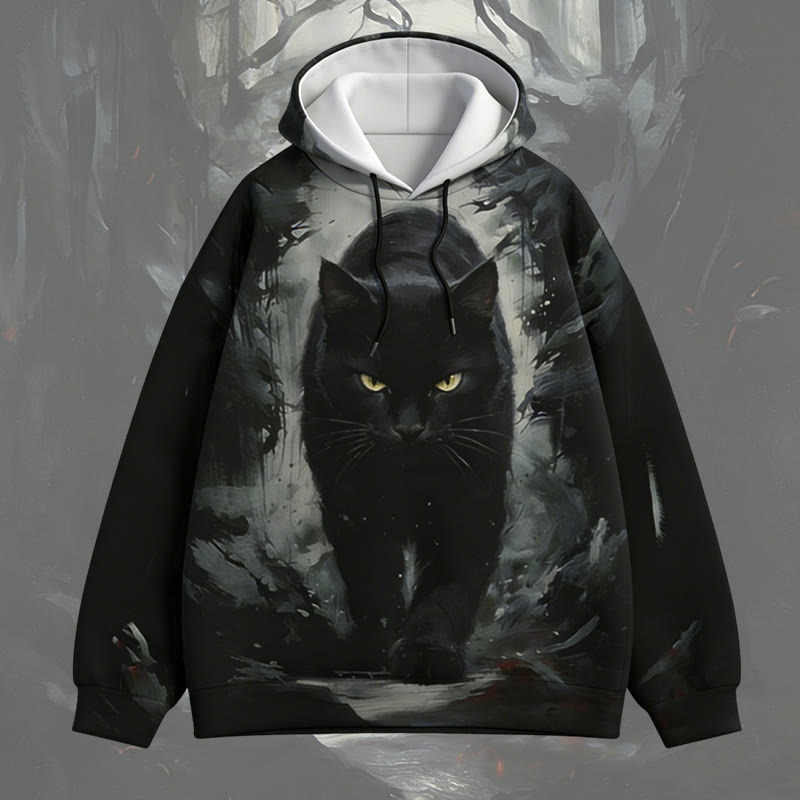 Walking Black Cat Graphic Modakawa Pullover Hoodie - Black - 6XL - image 1