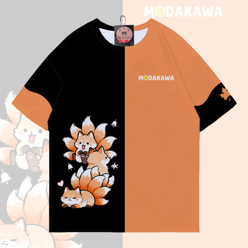 Nine-Tailed Fox Graphic Modakawa Color Block T-shirt - Black & Orange - 5XL - image 3