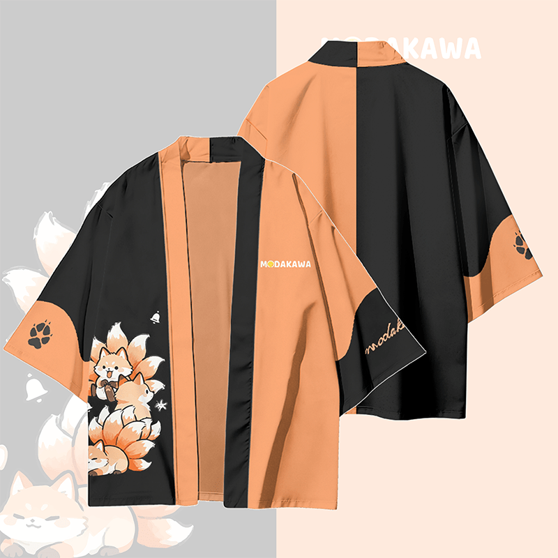 Nine-tailed Fox Graphic Modakawa Color Block Cardigan Kimono Outerwear - image 1