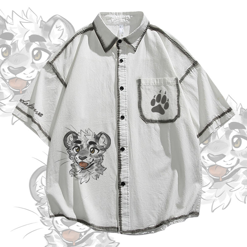 MODAKAWA X atka Cheeky Tiger Face Graphic Oversized Button Up Shirt - White - 2XL - image 1