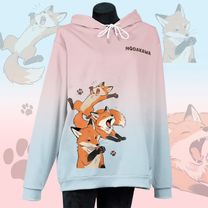 MODAKAWA Lazy Fox Graphic All Over Print Pullover Hoodie - Pink&Blue - 6XL - image 1
