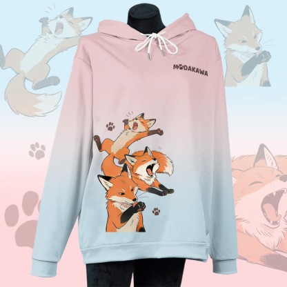 MODAKAWA Lazy Fox Graphic All Over Print Pullover Hoodie - Pink&Blue - 6XL - image 1
