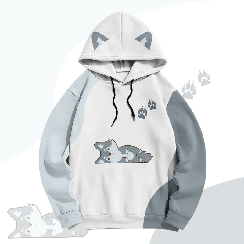 MODAKAWA Color Block Wolf Lying Flat Graphic All Over Print Pullover Hoodie - White - 6XL - image 2