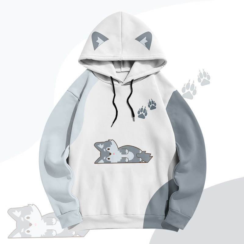 MODAKAWA Color Block Wolf Lying Flat Graphic All Over Print Pullover Hoodie - White - 6XL - image 2