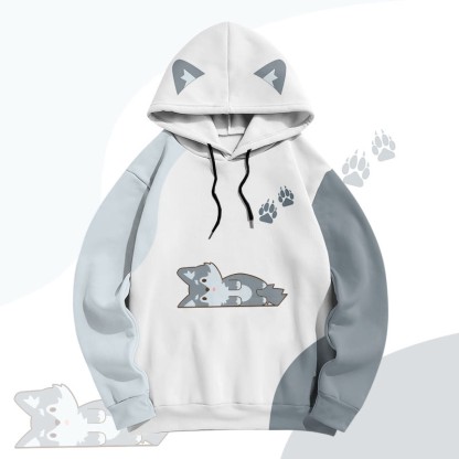 MODAKAWA Color Block Wolf Lying Flat Graphic All Over Print Pullover Hoodie - White - 6XL - image 2