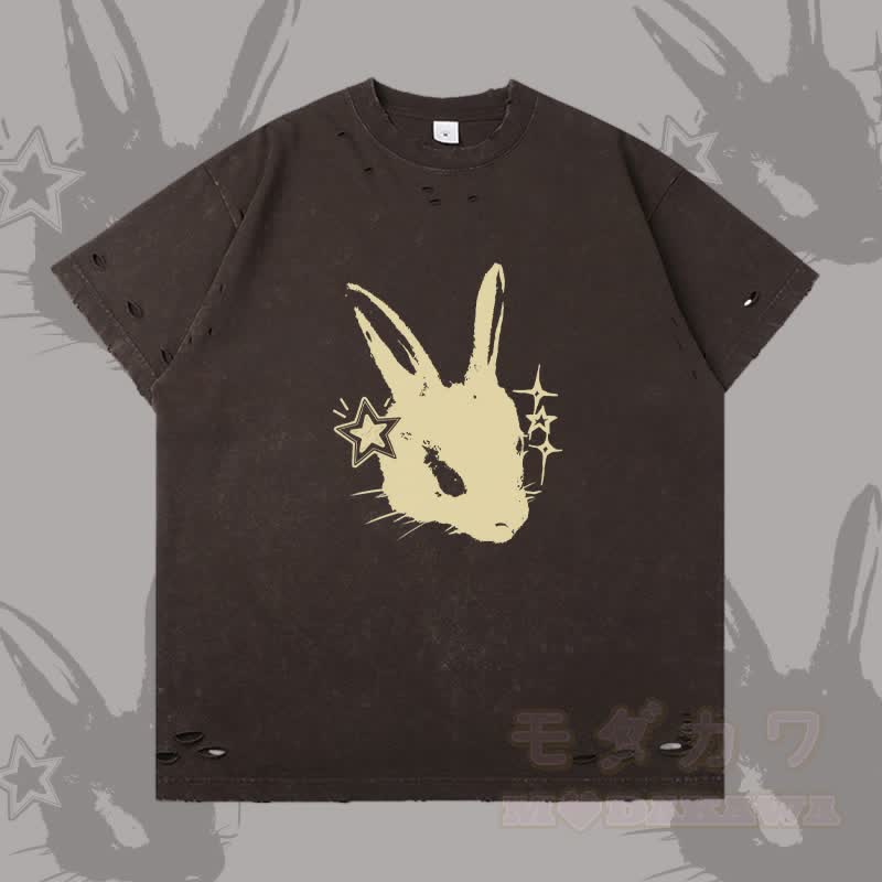 Star Bunny Graphic Modakawa Ripped T-shirt - Dark Brown - 2XL - image 2