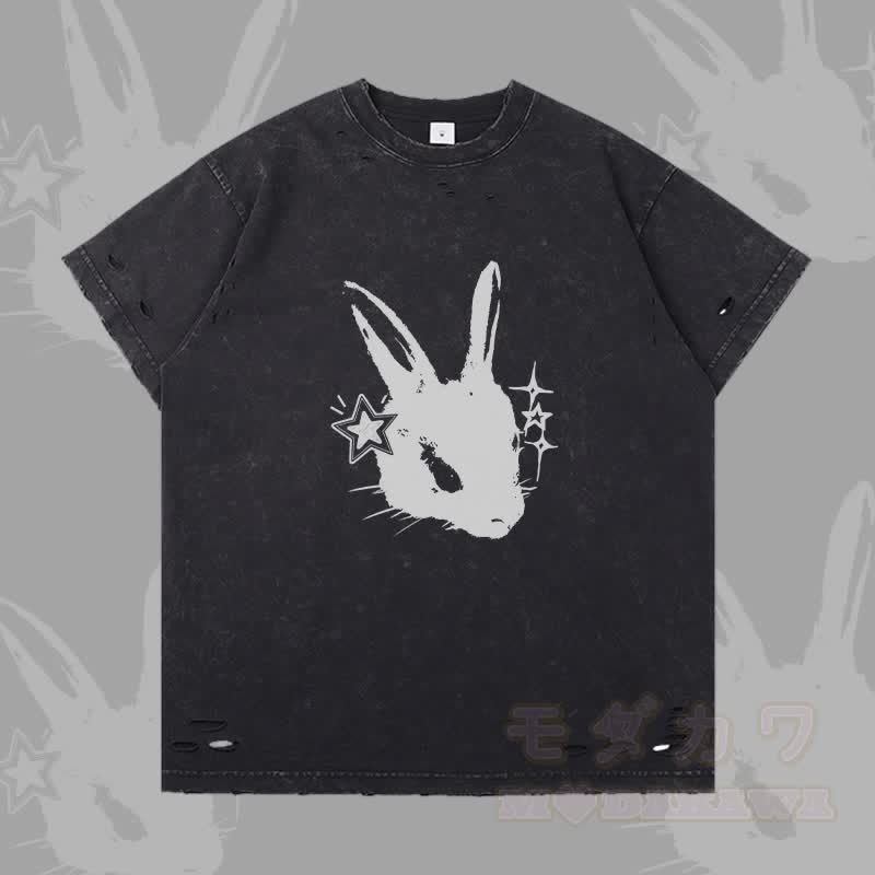 Star Bunny Graphic Modakawa Ripped T-shirt - Grey - 2XL - image 1