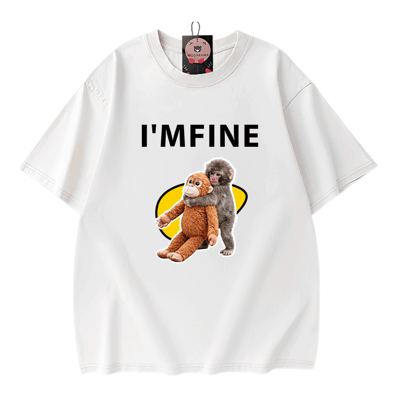 I'M FINE Monkey Graphic Modakawa Unisex Vintage Washed T-shirt - Beige - 5XL - image 1